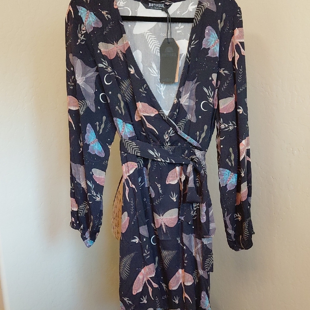 Disturbia Navy Wrap Mini Dress with Pastel Butterfly Motif